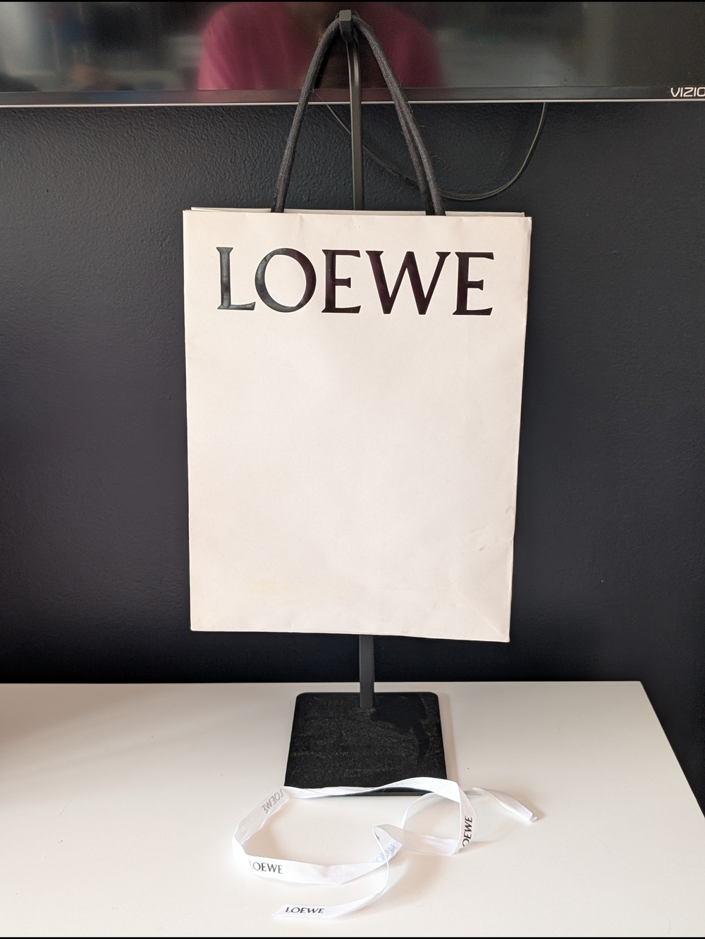Loewe White Paper Shopping Bag with Black Handles and Ribbon